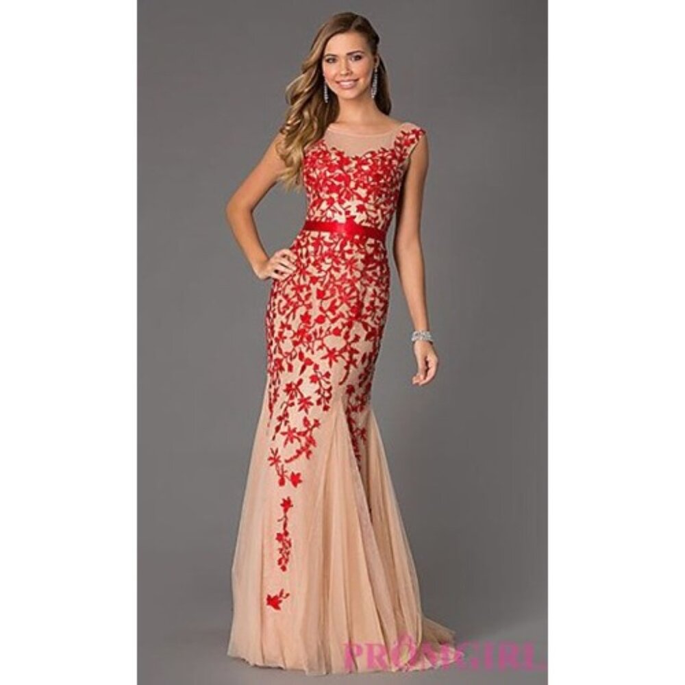 Sheri Hill Tan Red Floral Embroidered Illusion Neck Mermaid Prom Dress Size 00